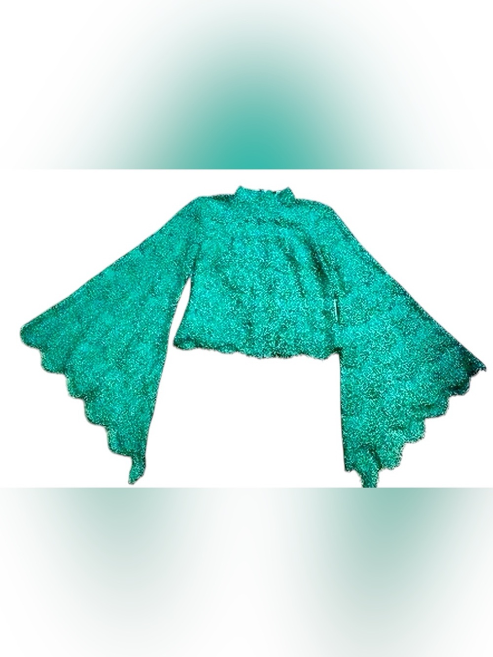 VENUS Emerald Green Floral Lace Top Mock Neck Bell Sleeve Blouse - Picture 3 of 9